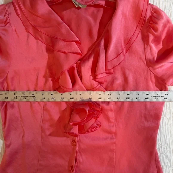 Silk Blouse Short Sleeve coral pink size 8 ruffles v-neck - Picture 7 of 9